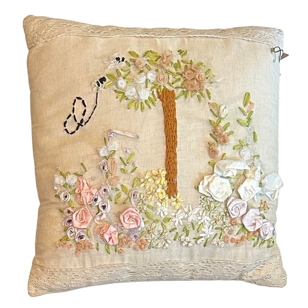 Ribbon Embroidered VTG Style Easter Throw Pillow W/Flowers, Bees, & Tree 16"x16"